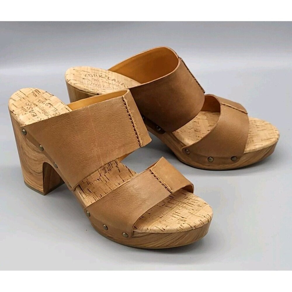 New Kork- Ease Tan Leather Slip On Wide Strap 4" Block Heel Sandals 11m